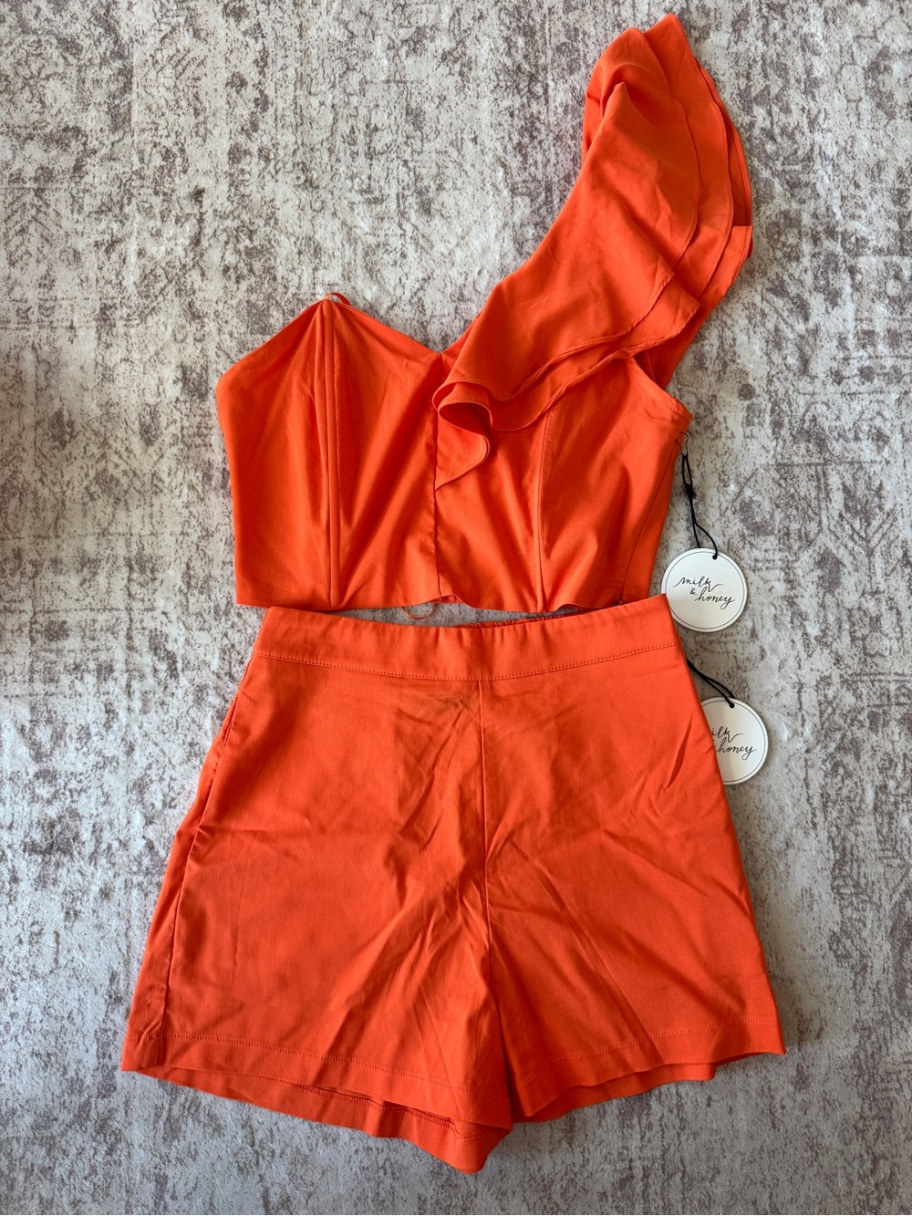 Motel Rocks Orange One-Shoulder Ruffle Crop Top & High-Waist Bermudas
